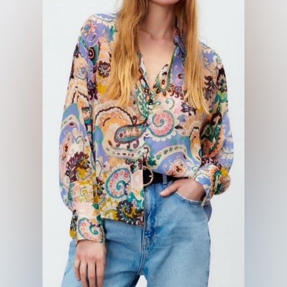 Zara Paisley Button-Down Blouse | Size M - Picture 1 of 8